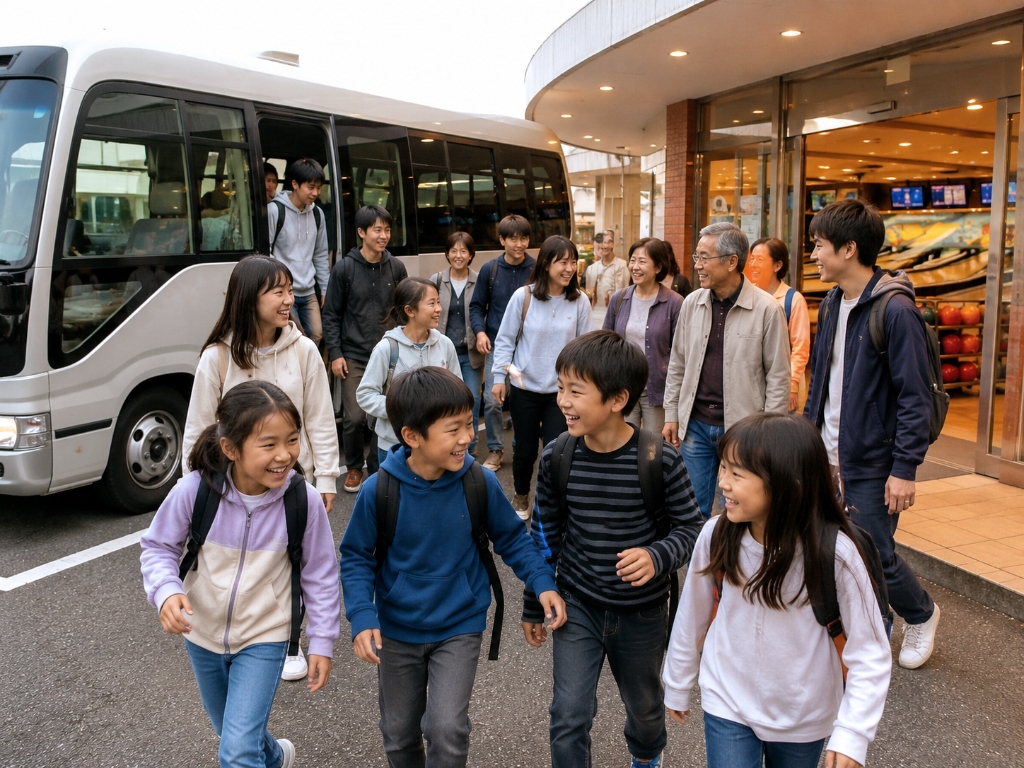 子ども会・団体レクリエーションでバス到着する様子